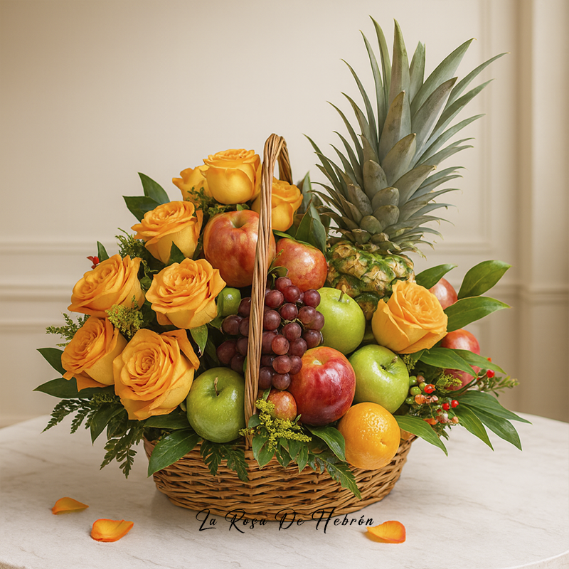 Canasta Rosas Amarillas y Frutas