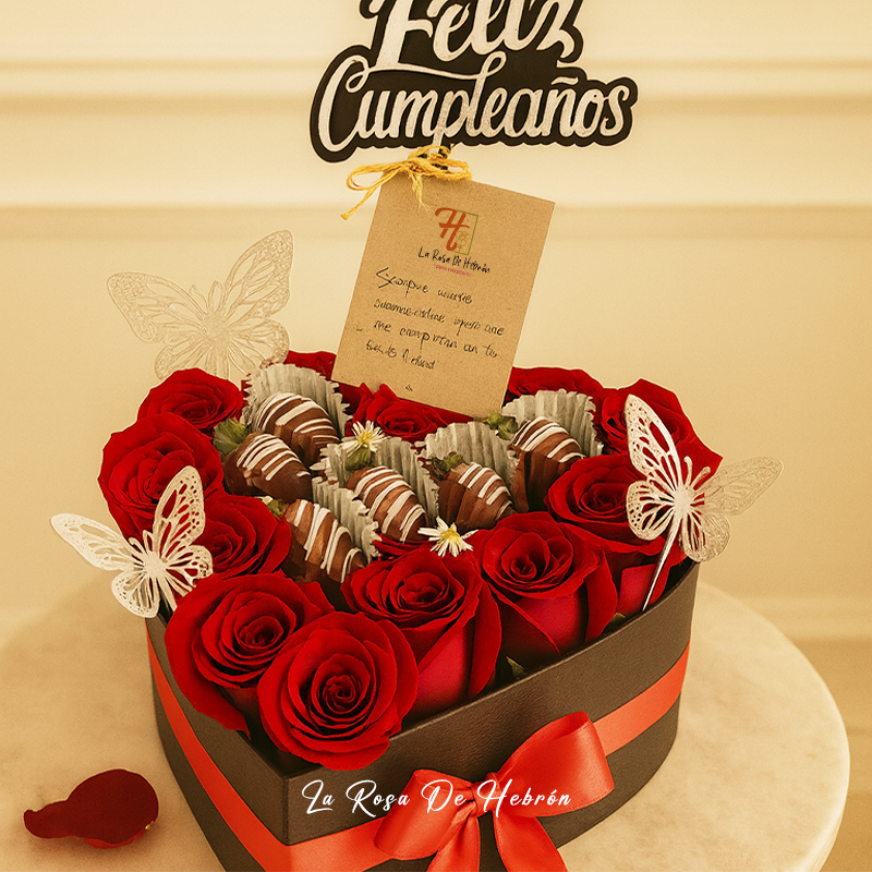 Corazón en Rosas y Fresas Achocolatadas