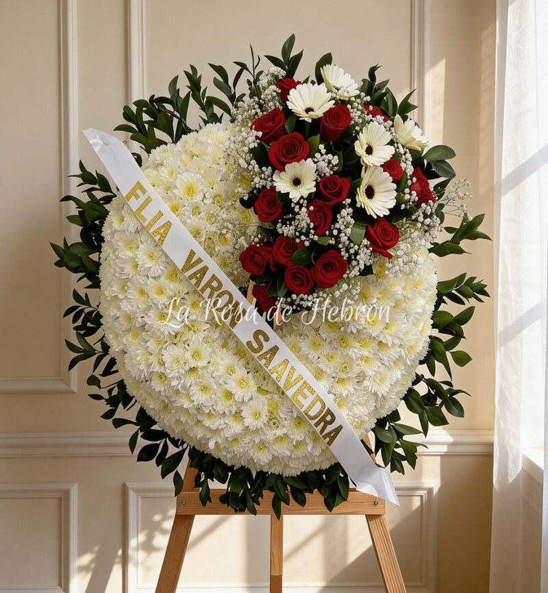 Corona Fúnebre Tapizada Blanca con Rosas Rojas Homenaje